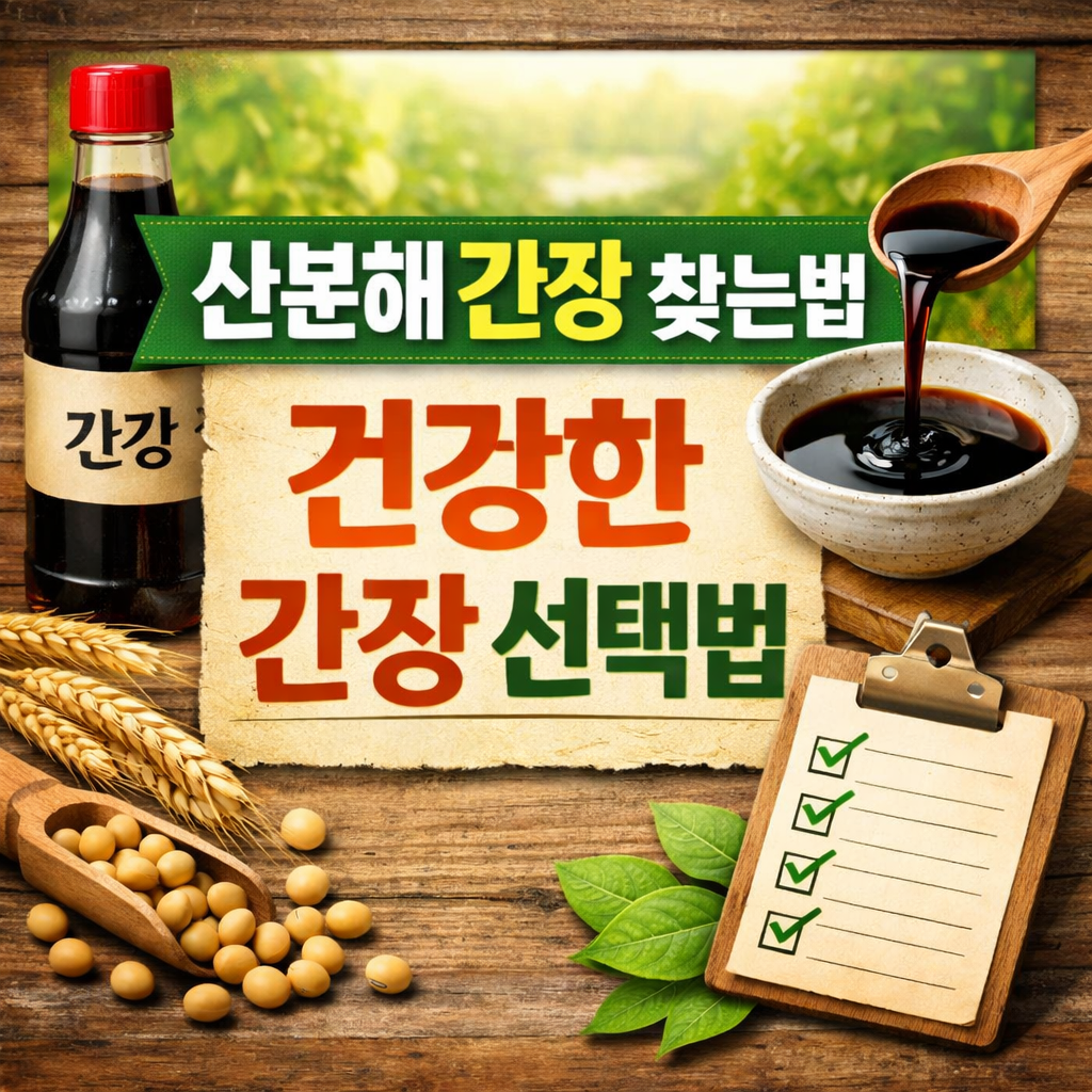 산분해 간장 찾는법 건강한 간장 선택법이라는 문구가 중앙에 크게 배치된 정사각형 썸네일 이미지. 나무 테이블 위에 간장 병과 간장이 담긴 그릇, 나무 숟가락에서 떨어지는 간장, 콩과 밀, 체크리스트와 초록 잎이 함께 배치되어 건강한 간장 선택을 안내하는 분위기의 이미지.