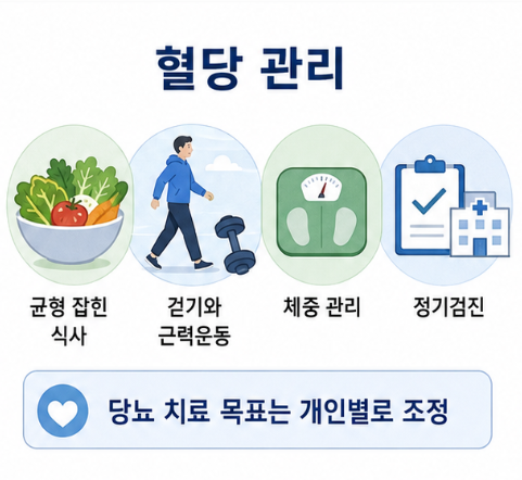 균형 잡힌 식사, 걷기와 근력운동, 체중 관리, 정기검진으로 혈당을 관리하는 방법