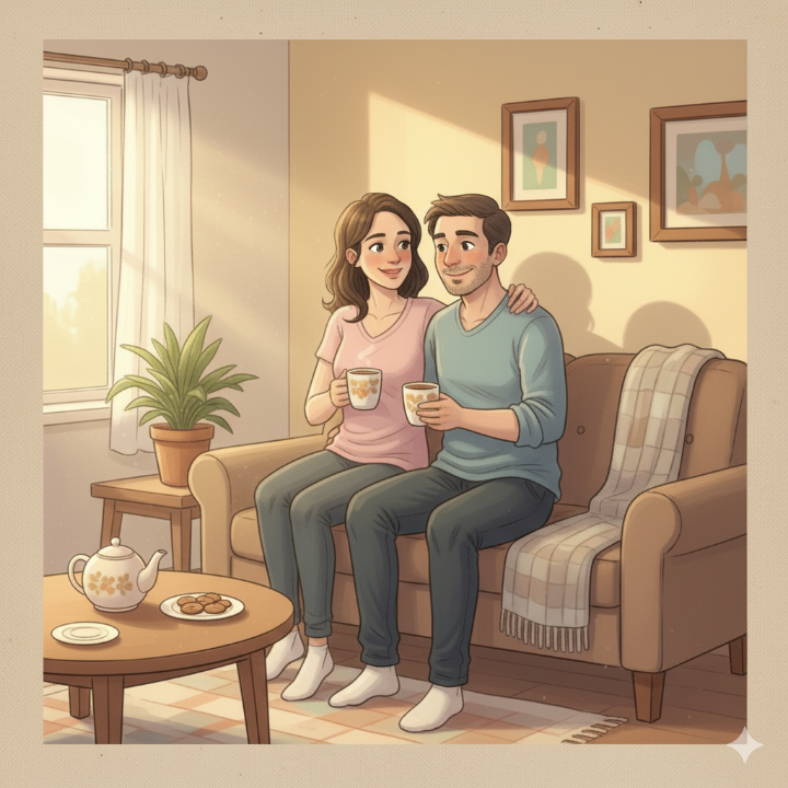 따뜻한 햇살 아래 린다와 후베르트가 차를 마시는 그림