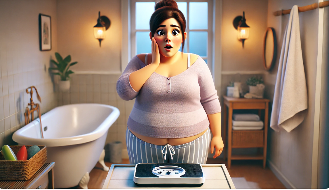 비만 여성이 체중계 앞에서 놀라는 사진