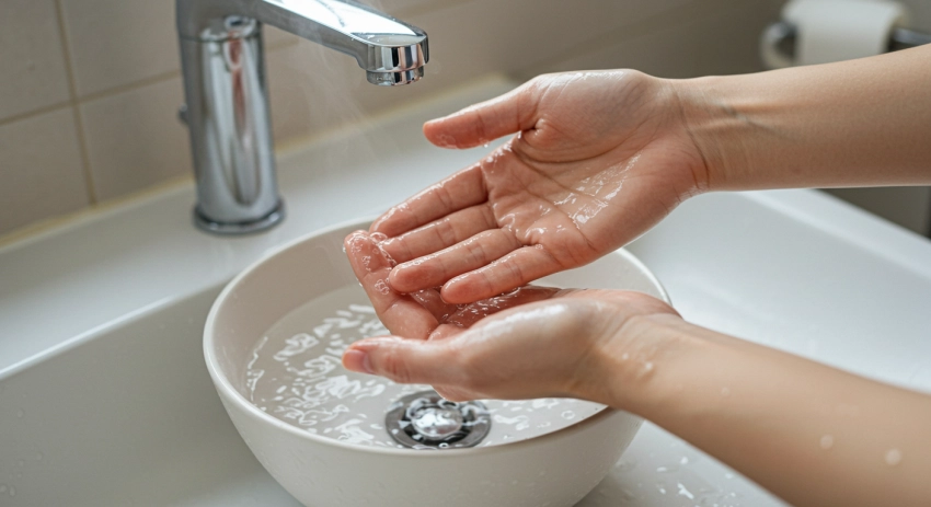 순간접착제 제거를 위해 따뜻한 물에 손을 담그고 있는 모습