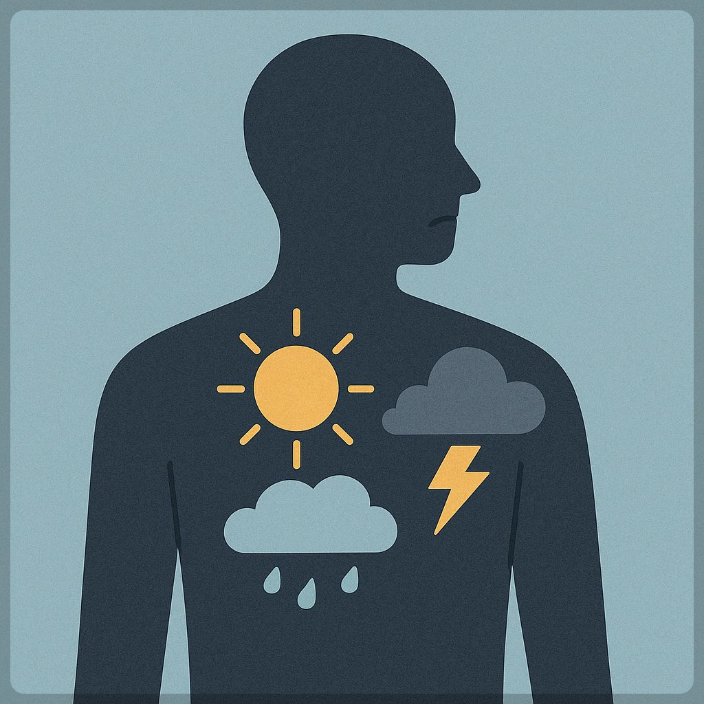 사람 실루엣 속에 해, 비구름, 번개가 표현된 일러스트&mdash;컨디션 변화와 감정 상태를 상징