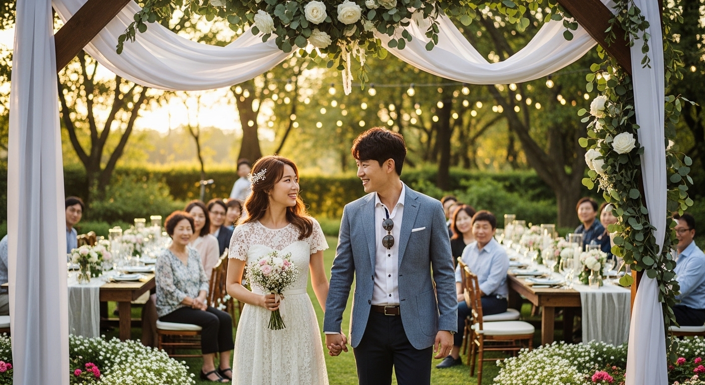 자연스러운 분위기의 야외 정원에서 소규모 스몰 웨딩을 진행하고 있는 한국인 신랑 신부와 하객들의 모습.