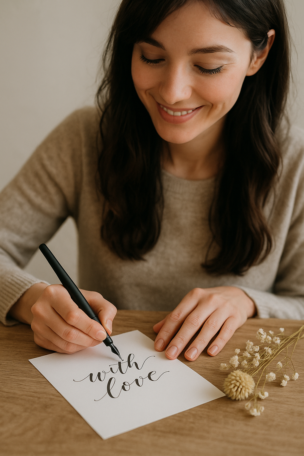 A delicate moment of a woman writing calligraphy beside dried flowers while making a handmade greeting card