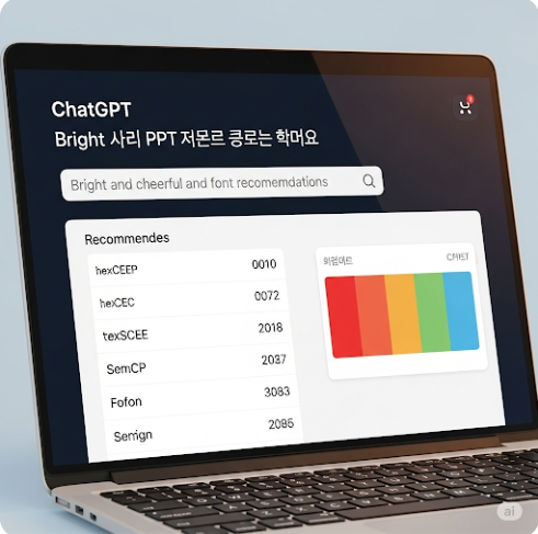 ChatGPT 인터페이스가 보이고, 프롬프트 입력창에는 '밝고 경쾌한 PPT 색상 팔레트 및 폰트 추천'과 같은 디자인 관련 질문이 입력되어 있습니다. 그 아래에는 ChatGPT가 제안하는 구체적인 색상 Hex 코드와 폰트 이름 목록이 표시되어 있음