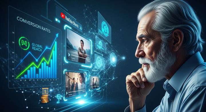 경험 많은 사업가가 인공지능 분석을 활용하여 유튜브 쇼츠의 수익화 전략을 세우는 모습, 글로벌 시장과 구매 전환율 상승을 시각적으로 나타냄.