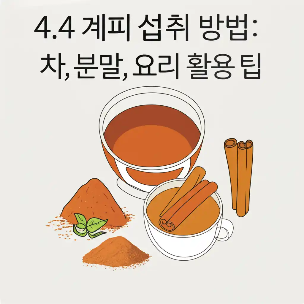 계피 섭취 방법: 차, 분말, 요리에 활용된 계피 모습. 계피 효능을 위한 다양한 활용 팁.