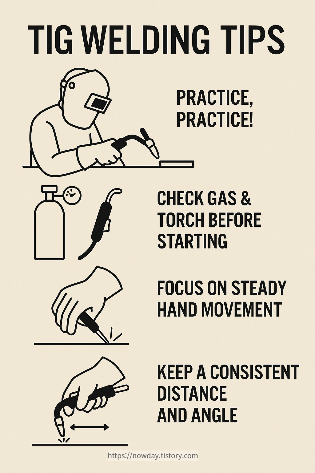 Educational 2D diagram illustrating the TIG welding process with labeled parts such as tungsten electrode, shielding gas, filler rod, and weld pool