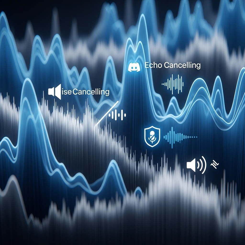 디스코드 음성 채팅 최적화를 나타내는 추상적인 이미지. 파란색과 회색의 역동적인 음파가 필터링되며 노이즈 캔슬링 및 에코 제거 아이콘이 보여 깨끗한 음질을 상징합니다.