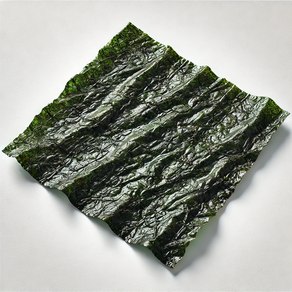 바삭하게 구워진 전통 한국 김 한 장, 짙은 녹색과 갈색빛이 도는 구운 표면.