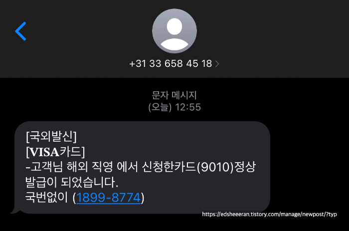 VISA 카드 발급 스미싱 문자