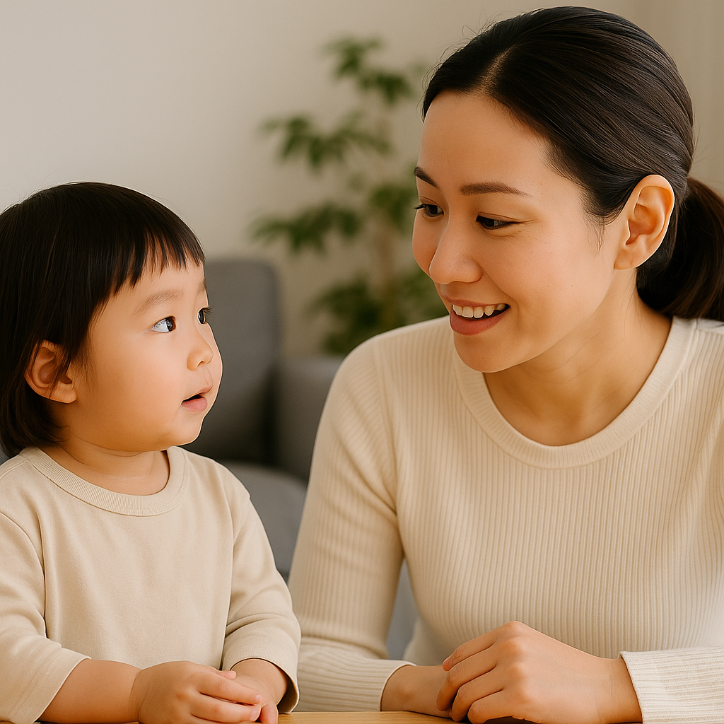 거실에서 한국 엄마와 3세 아이가 마주 앉아 대화하는 장면. 엄마는 미소 지으며 여자 아이의 말을 경청하고, 아이는 밝은 표정으로 이야기하고 있다. 부모와 아이의 소통과 공감을 상징하는 따뜻한 모습