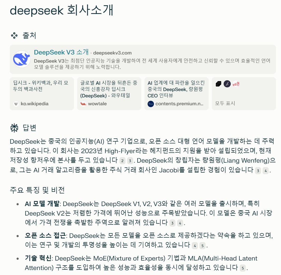 딥시크 회사의 소개 - Perplexity 제공