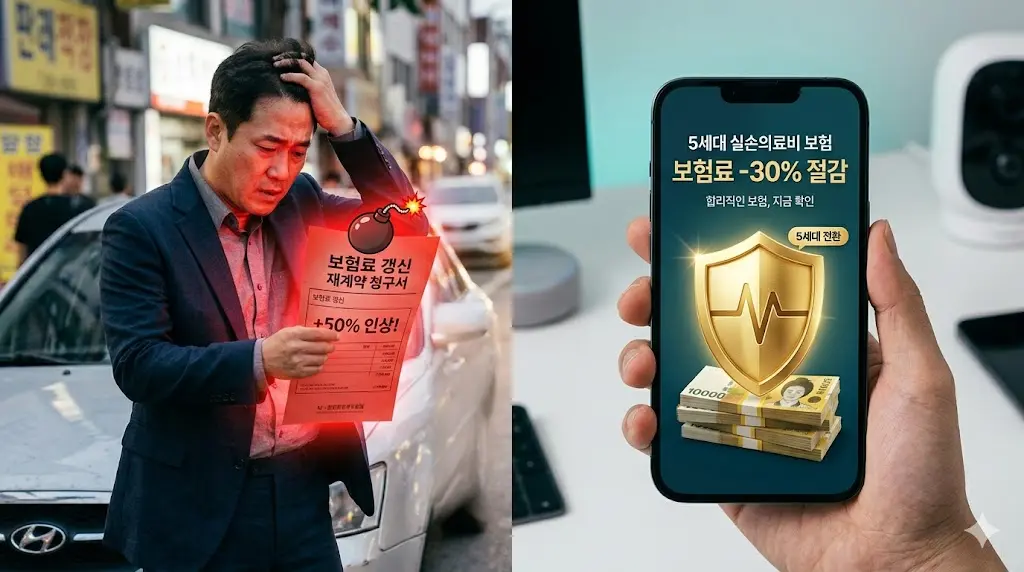 내일부터 시행되는 보험료 30% 인하 5세대 실손의료보험 전환 뉴스를 스마트폰으로 확인하며 고정 지출을 방어하는 모습