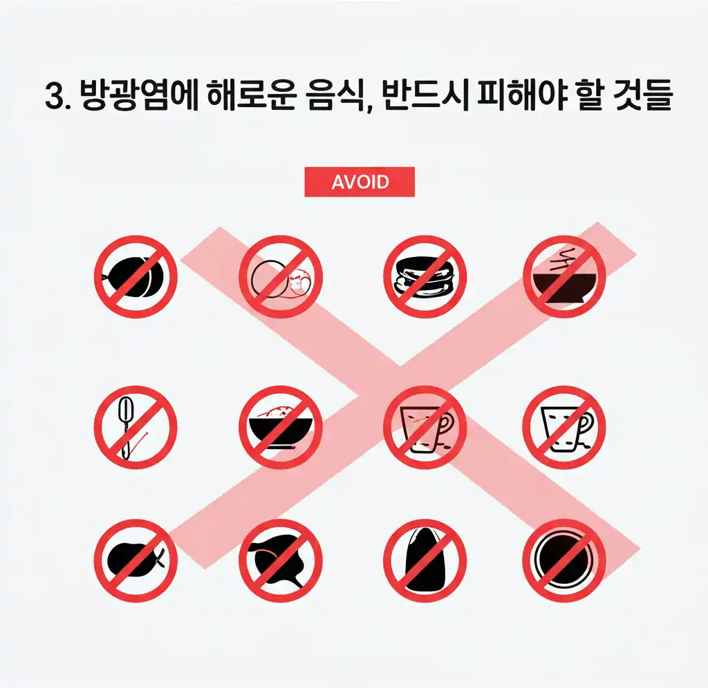 방광염에 해로운 음식들. 커피, 매운 음식 등 방광염 관리에 반드시 피해야 할 자극적인 식품 이미지.