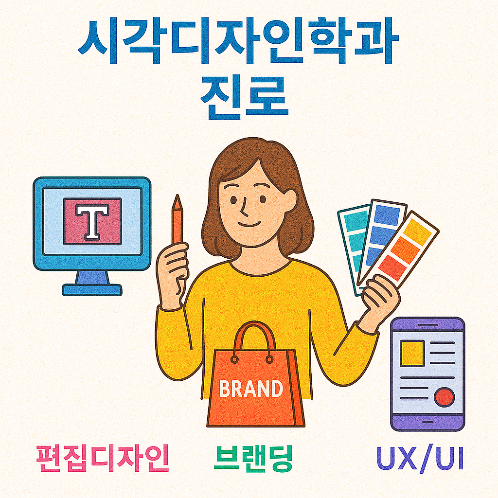 시각디자인학과 진로 포스터로, 편집디자인, 브랜딩, UX/UI 분야를 각각 다른 색상과 아이콘으로 표현하고 중앙에 밝은 표정의 여성이 위치한 컬러풀한 일러스트