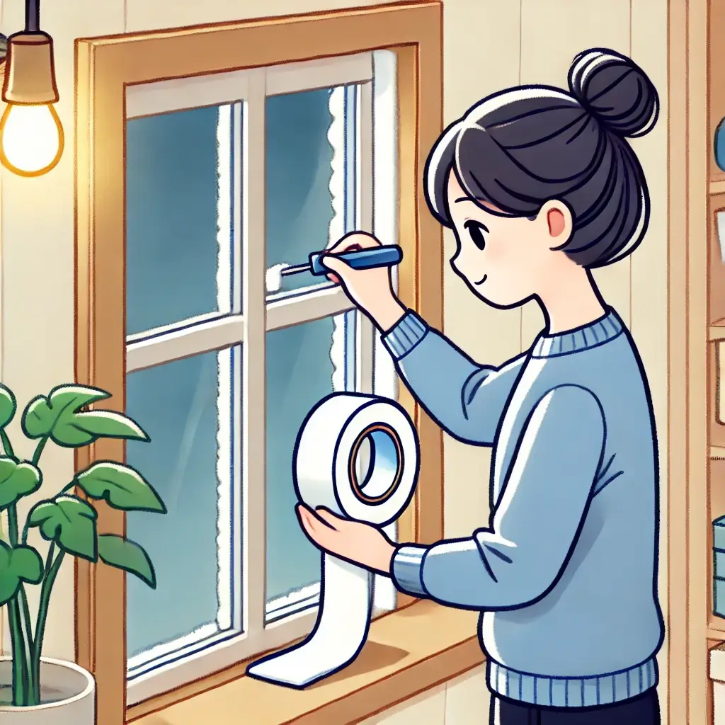 난방비 절감을 위해 창문 틈새를 막는 모습