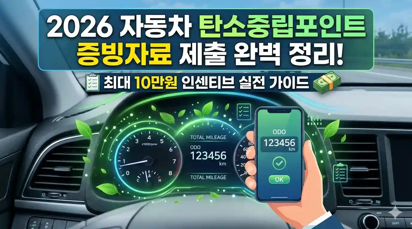 자동차 탄소중립포인트 사진 등록 및 증빙자료 제출 기준 가이드 메인 썸네일. 계기판 ODO 주행거리 인증 방법과 최대 10만원 인센티브 혜택 정보를 포함한 안내 이미지.