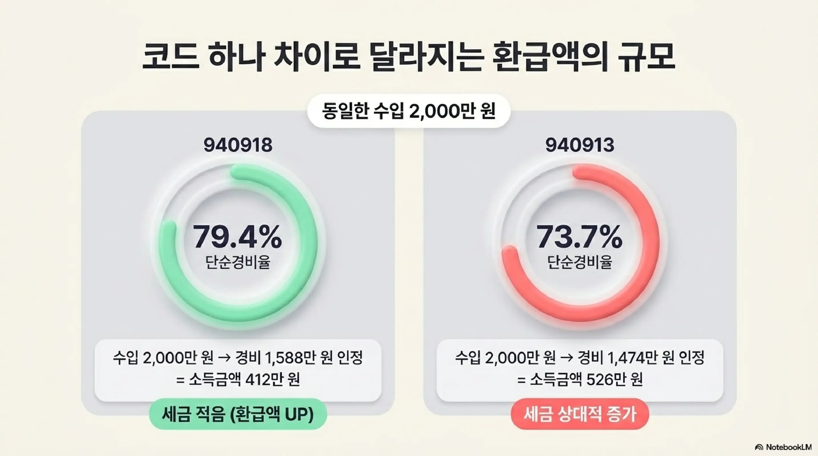 배달라이더 종합소득세 신고: 동일한 수입 2000만 원 기준으로 배달라이더(940918 단순경비율 79.4%)와 대리기사(940913 단순경비율 73.7%)의 경비 인정액과 소득금액 차이를 도넛 차트로 비교하는 인포그래픽. 업종코드 하나 차이로 환급액 규모가 달라짐을 시각적으로 전달하는 이미지