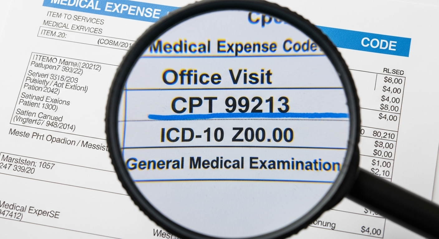 의료비 영수증에서 질병분류코드를 확대하여 확인하는 모습. 연말정산 서류의 정확성을 강조합니다.