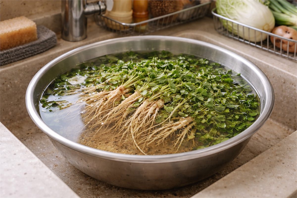  물에 담가 흙을 가라앉히며 냉이를 씻는 모습