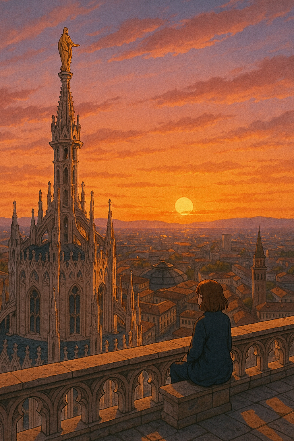 “밀라노 두오모 옥상에서 바라본 노을과 도시 전경”