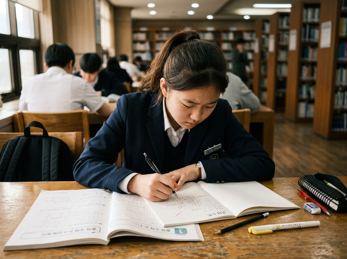 중학생이 집중하여 문제집을 풀고 오답 노트를 정리하는 학습 장면