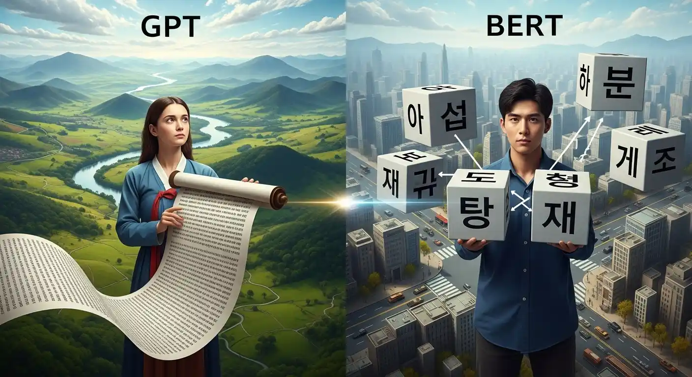 <img src="gpt_bert_ai_contrast.webp" alt="GPT와 BERT 알고리즘을 각각 마라토너와 사색가로 형상화하여 서로 다른 길을 걷는 모습으로 표현한 이미지입니다">