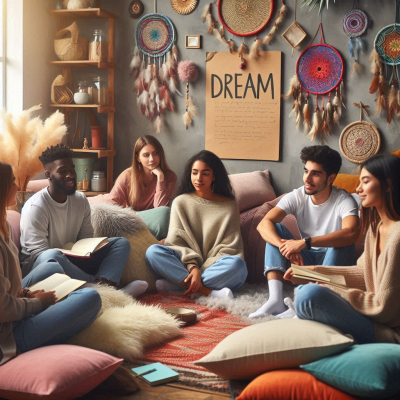 사람들이 다양한 색깔의 쿠션 위에 앉아 꿈에 대해 이야기하며 교류하는 모습입니다.