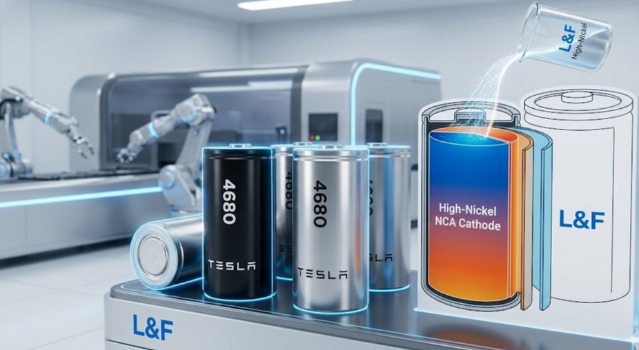 테슬라향 4680 배터리와 L&amp;F 하이니켈 양극재 기술력과 파트너십을 시각적으로 강조