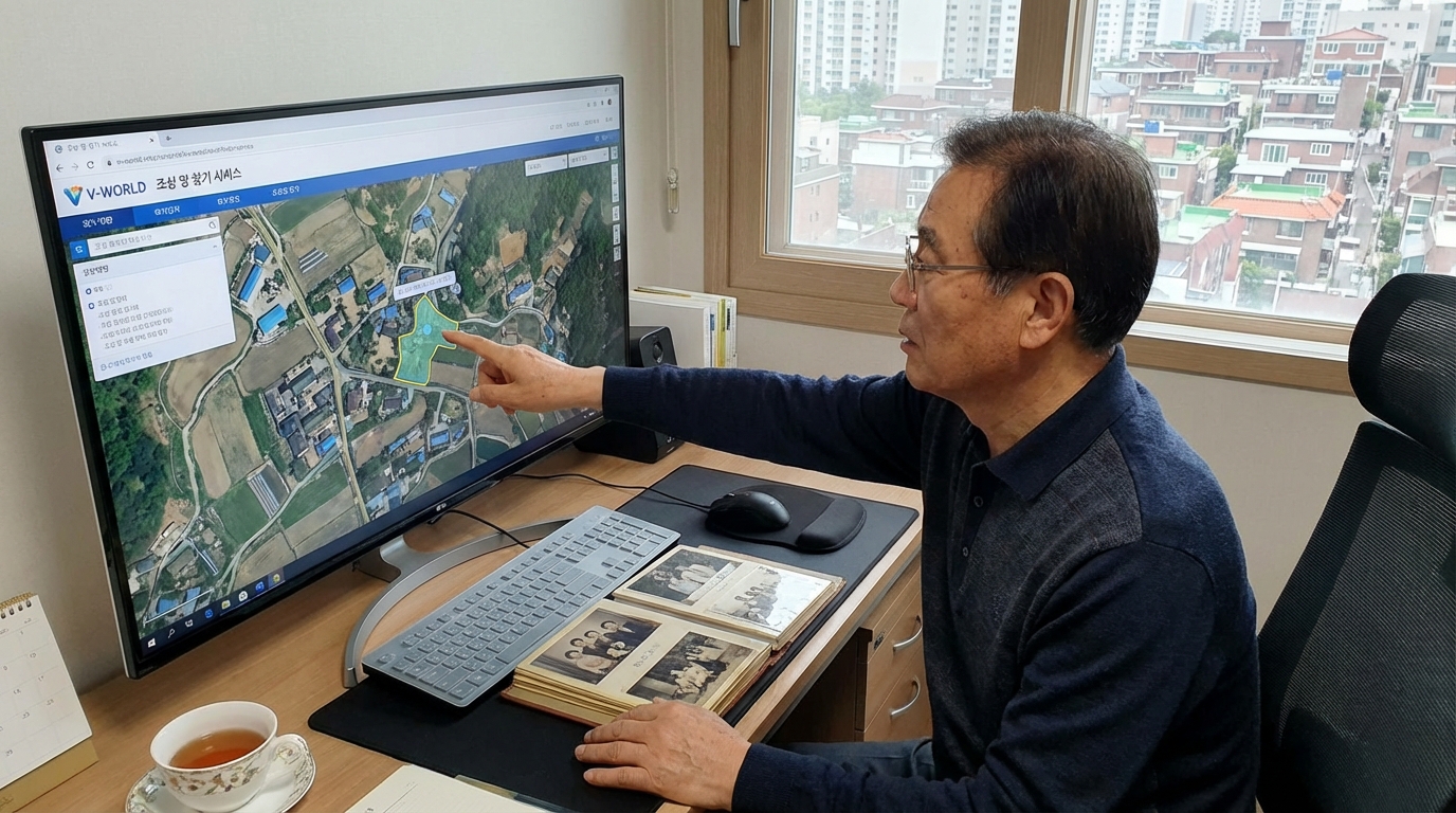 브이월드(V-World) 시스템을 활용해 조상땅의 위치를 디지털 지도로 확인하는 모습