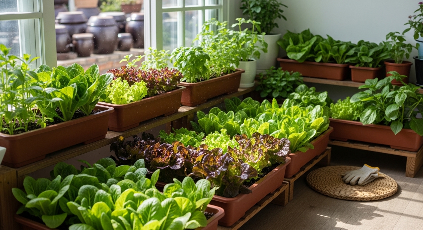 햇살이 잘 드는 아파트 베란다에서 싱싱하게 자라고 있는 쌈채소들. 성공적인 베란다 텃밭의 모습을 보여준다