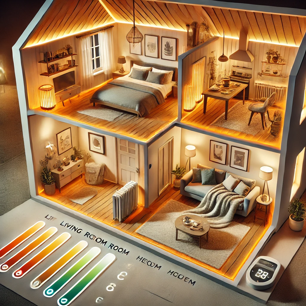 각 공간이 따뜻하고 아늑한 분위기를 유지하면서 난방비 절약과 효율적인 난방 전략을 시각적으로 표현