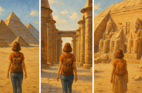 이집트에서 피라미드, 루크소르 신전, 아부심벨 신전 혼자 여행하는 모습 비교 사진