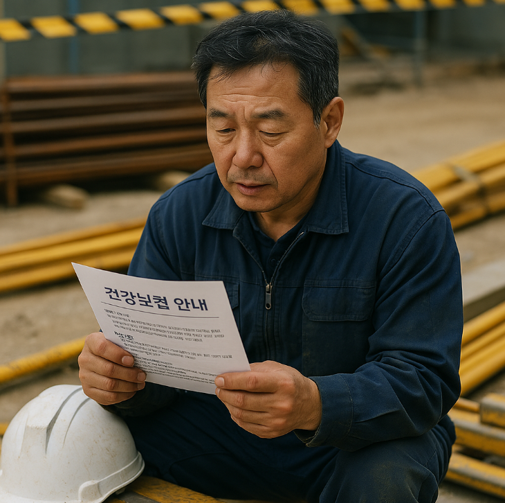 산업현장에서 작업복을 입은 50대 남성이 휴식시간 중 안전모를 벗고 건강보험 관련 안내서를 읽고 있는 모습