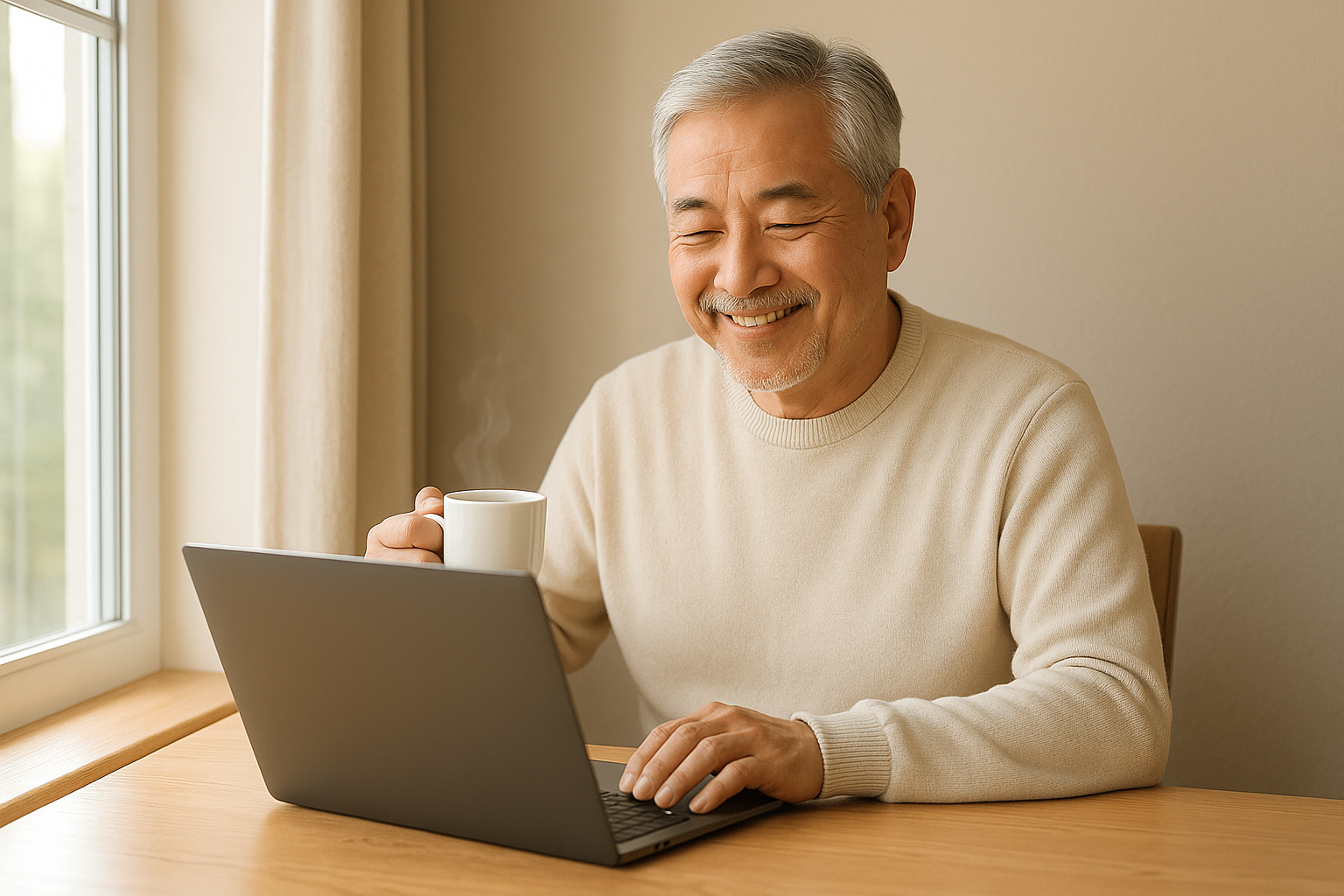 따뜻한 햇살을 받으며 글을 쓰는 60대 시니어 블로거의 평온한 모습