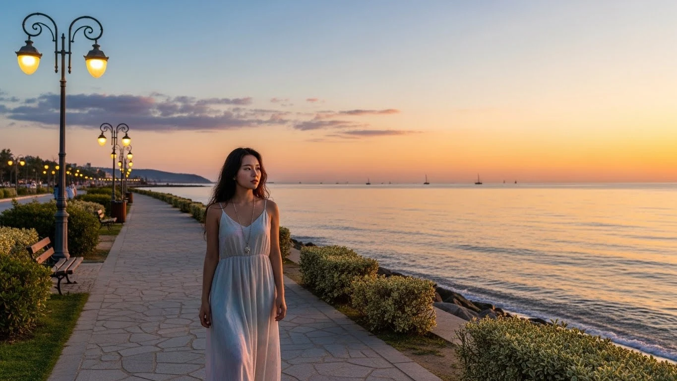 조용한 바닷가 산책로를 혼자 걷는 여행자 이미지