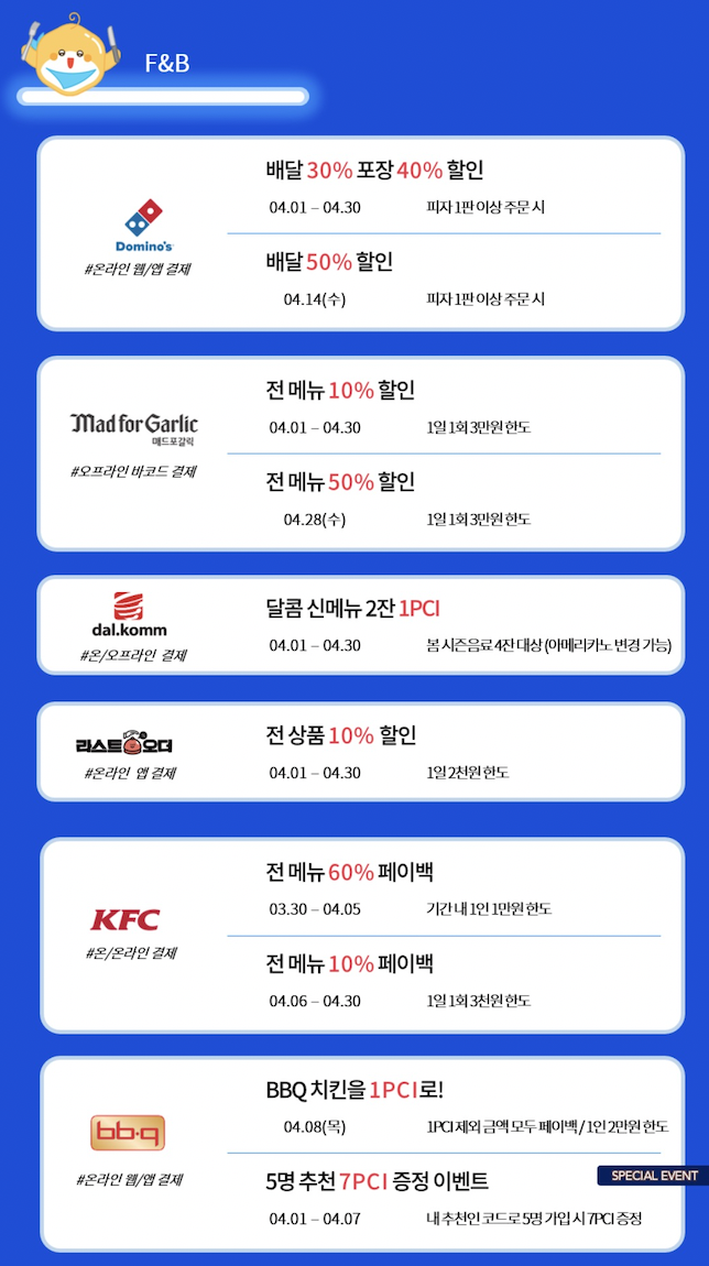 페이코인-푸드할인내역