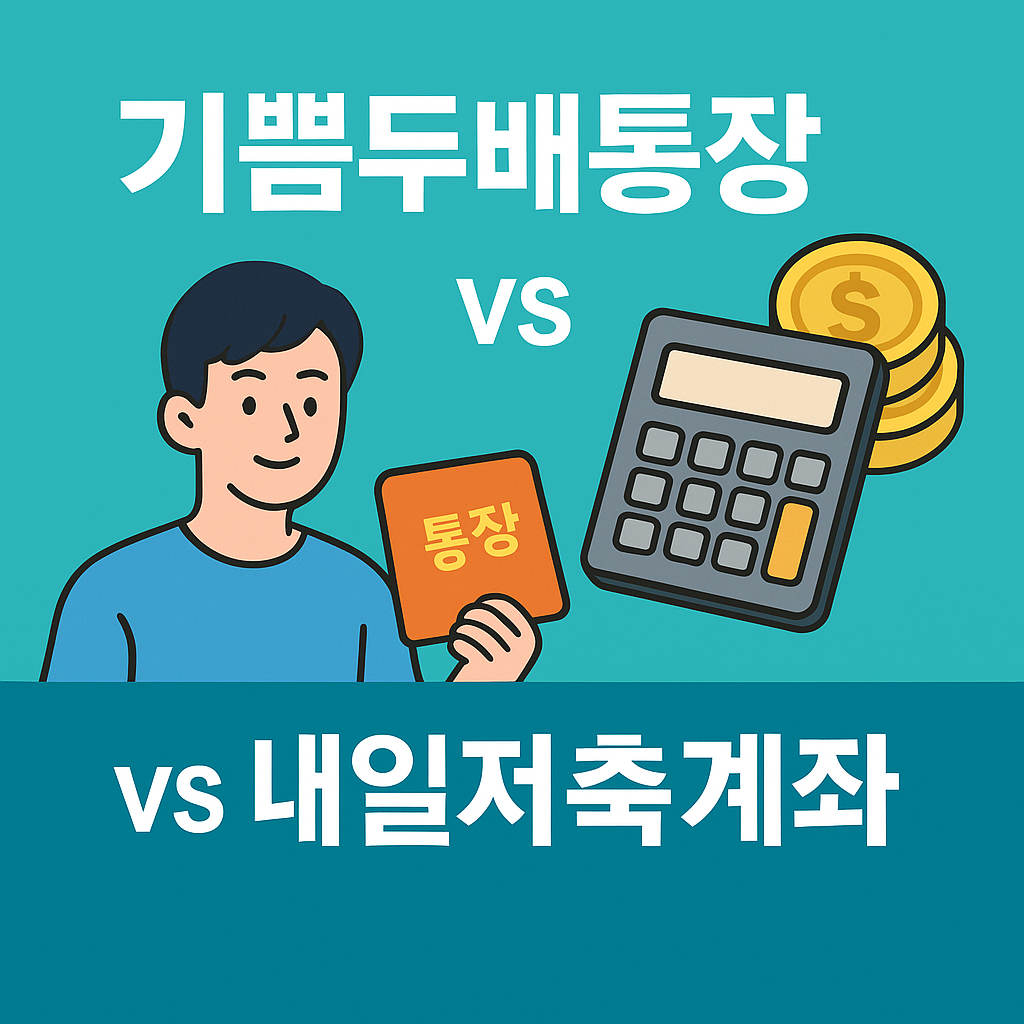 2025년 기쁨두배통장과 내일저축계좌를 비교하는 일러스트, 청년 남녀가 각기 다른 저축 통장을 바라보며 고민하는 장면과 계산기, 저금통 아이콘이 함께 배치된 디지털 그래픽