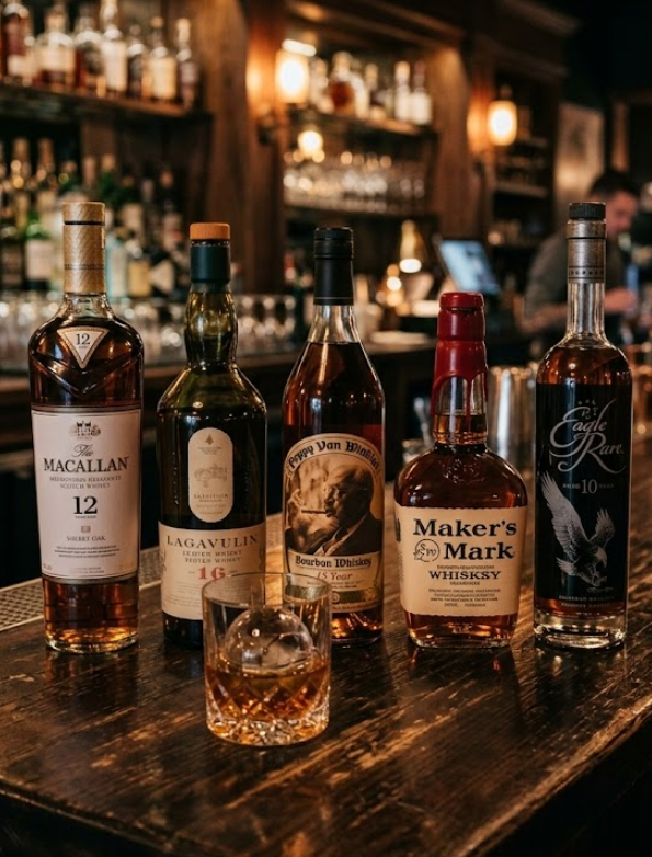 바 카운터 위에 나란히 놓인 다섯 종류의 가성비 위스키 병들과 앞에 놓인 얼음이 담긴 위스키 잔의 전문적인 사진