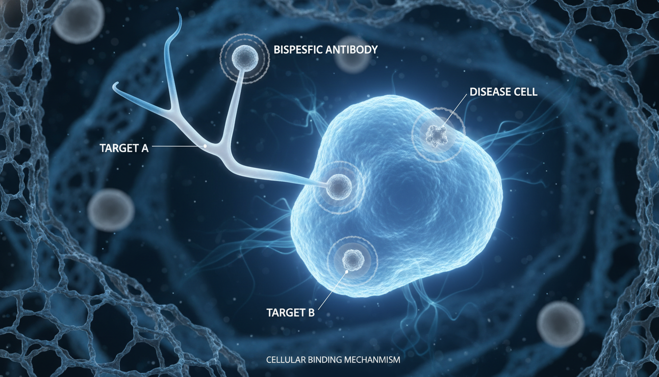 IMB-101이 두 가지 타겟을 동시에 억제하는 기전을 보여주는 이중항체 3D 일러스트