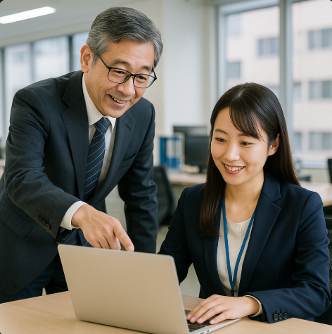 회사에서 인턴이 상사에게 지도받는 모습입니다.