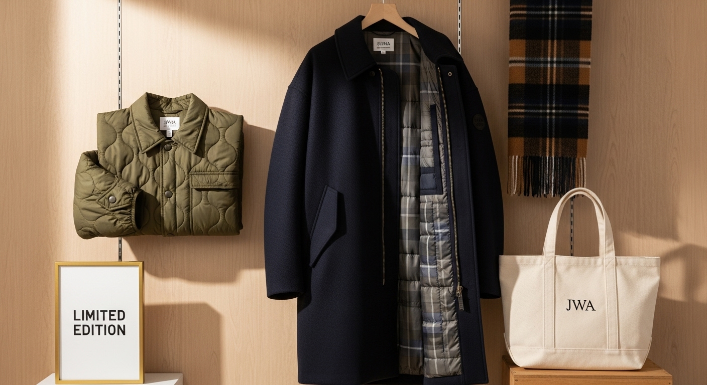 JW 앤더슨 콜라보 제품 중 인기 있는 아우터와 가방 등 악세사리가 전시되어 있는 모습