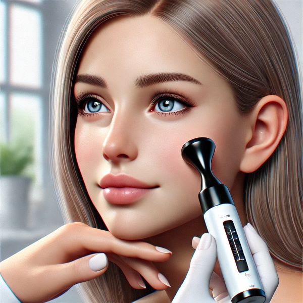 피부과 진료실에서 여성의 볼에 TEWL 측정 기기를 대고 경표피 수분 손실을 측정하는 장면입니다.