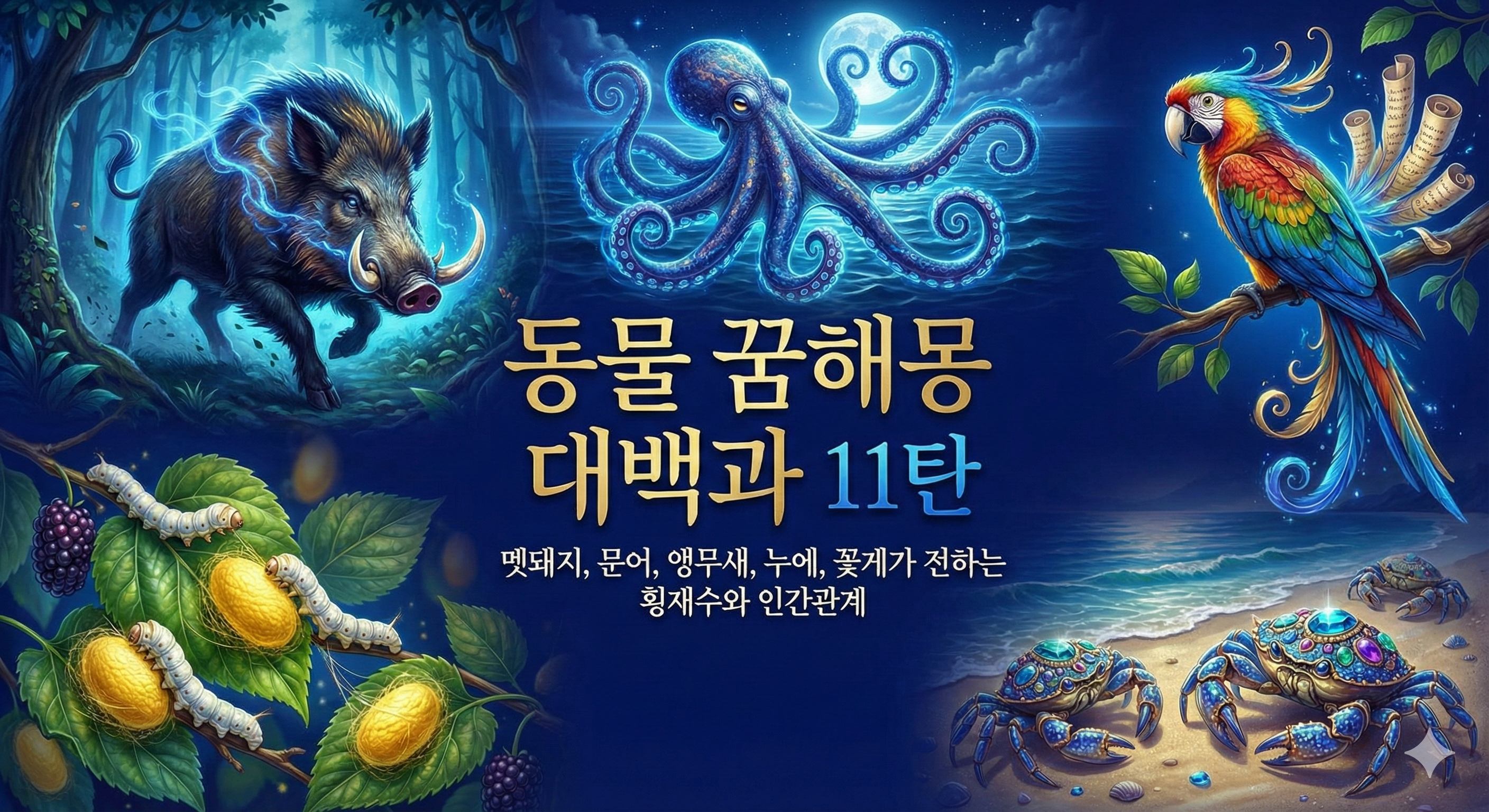 동물 꿈해몽 대백과 11탄_멧돼지, 문어, 앵무새, 누에, 꽃게