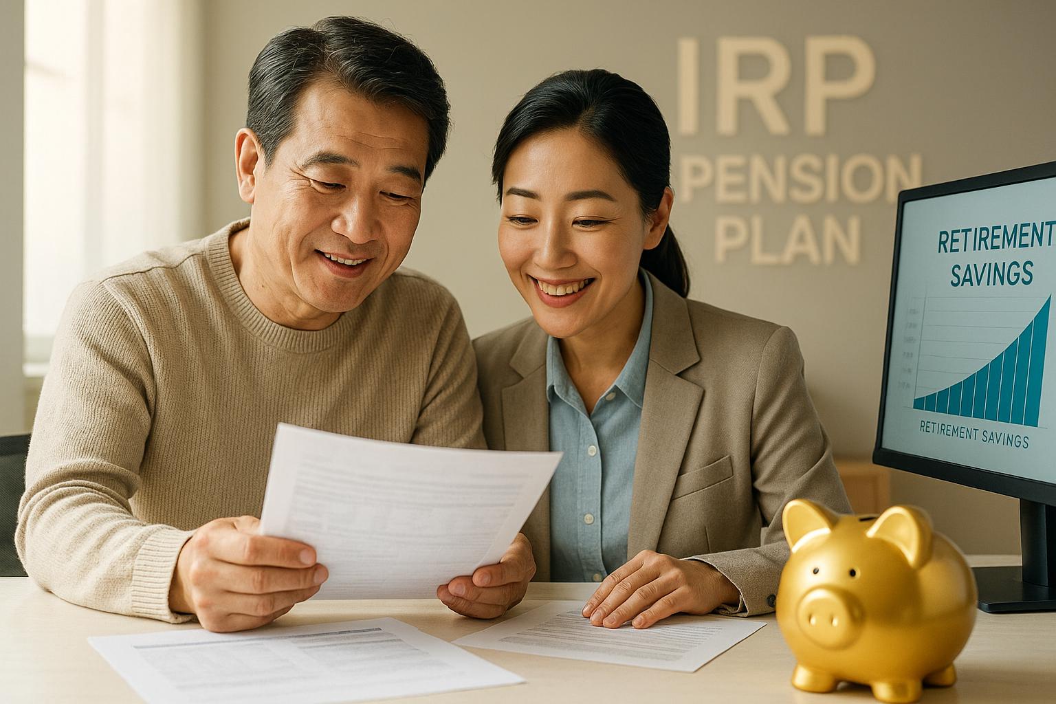 IRP 연금 계획을 검토하는 중장년 한국 부부의 밝고 따뜻한 모습