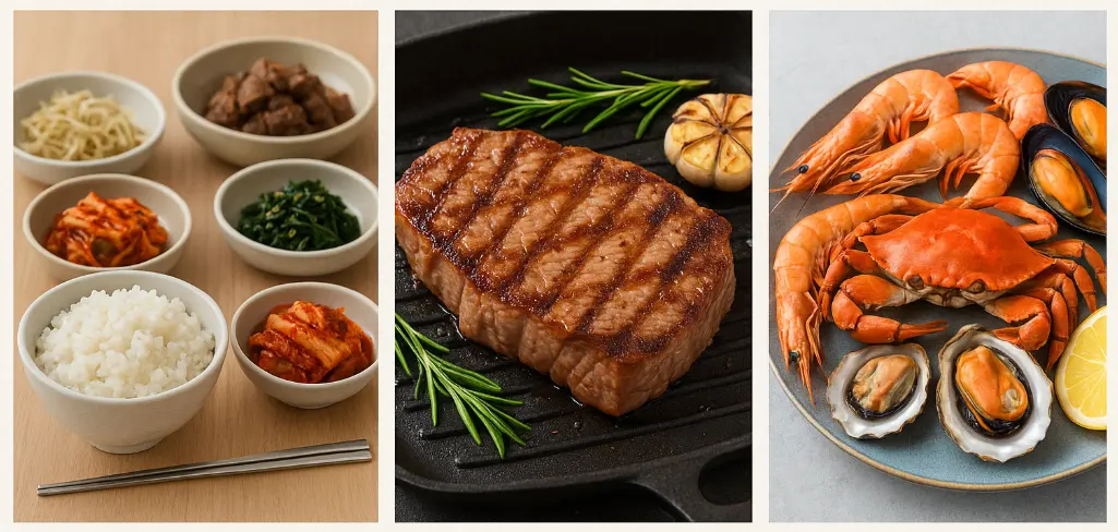 한식, 스테이크, 해산물을 나타내는 사진