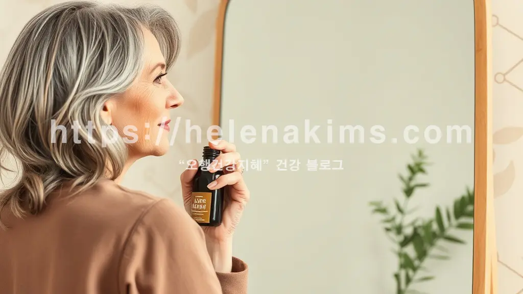 차분하고 우아한 50대 여성 두사람이 손에 염색약 병과 약초 잎을 들고 대화하고 있는 모습.