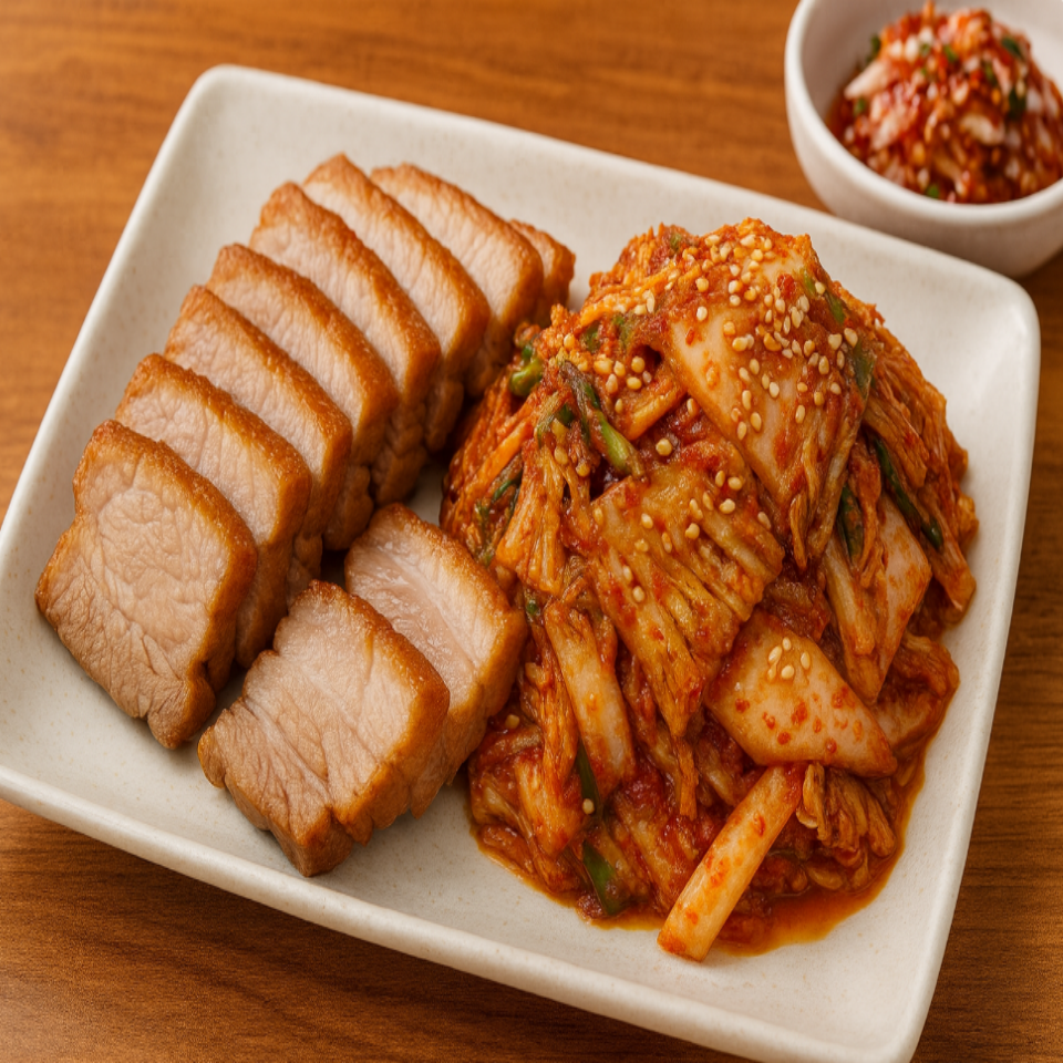 네모난 접시에 담긴 수육과 겉절이, 옆에 새우젓이 놓인 한식 한상