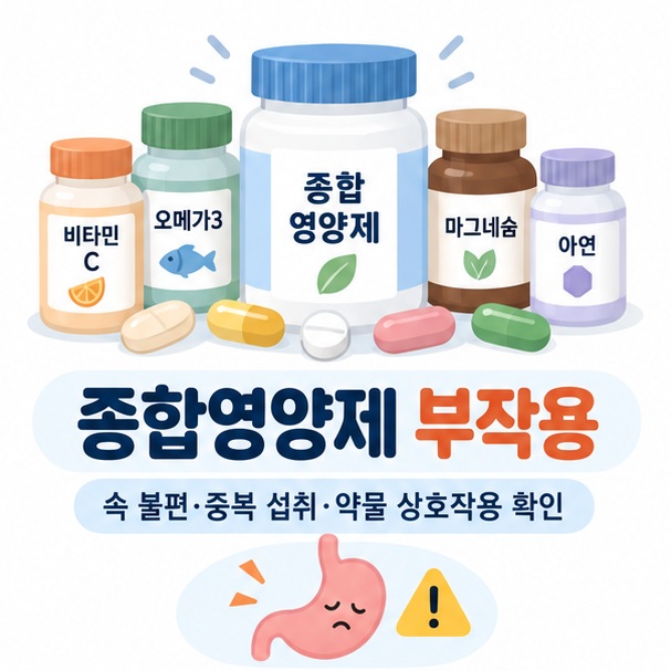 종합영양제 부작용과 비타민 미네랄 알약, 위장 불편을 함께 보여주는 건강정보 이미지